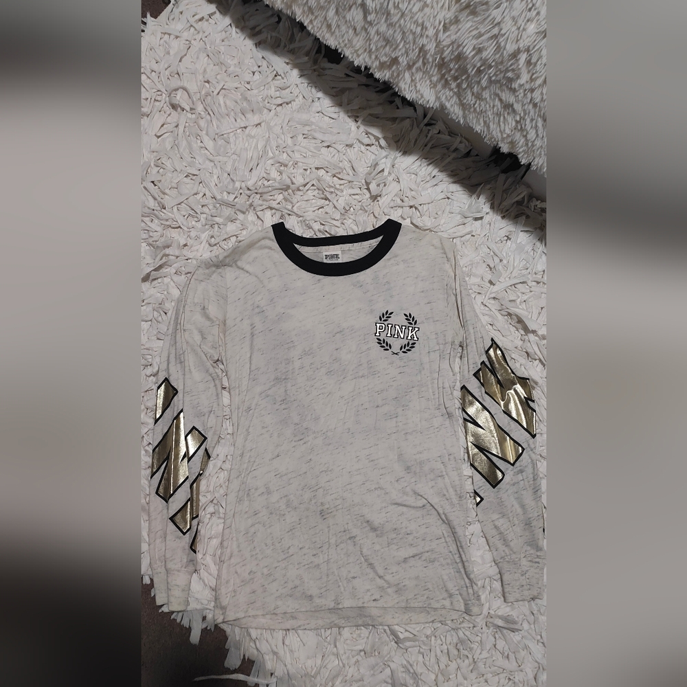 PINK Victoria's Secret Long Sleeve Tee - Cream with Gold Accents
